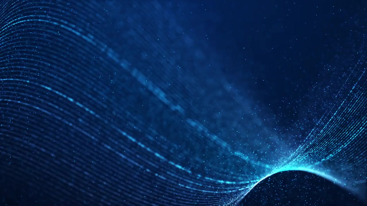 Glowing blue particles flowing in a wave through dark space