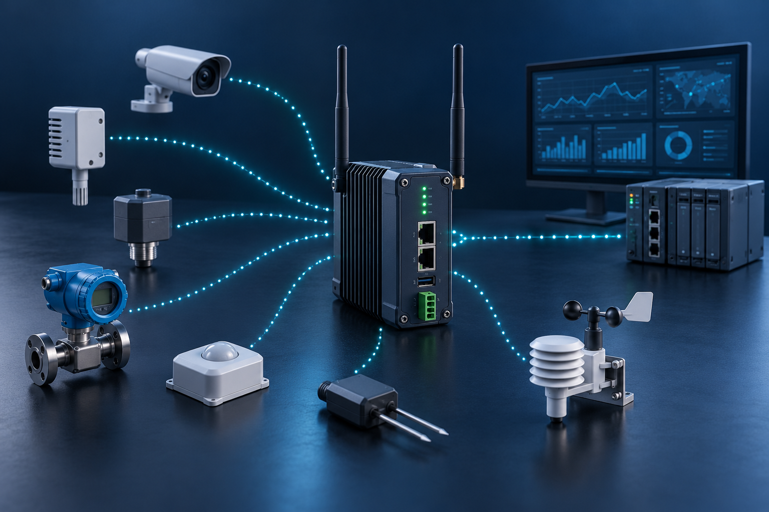 A wireless connectivity interface glowing over a dark network